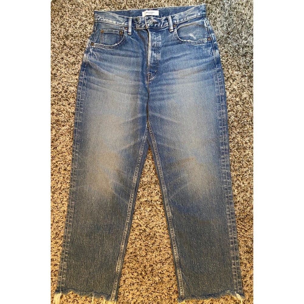 Moussy Vintage Blue High Rise Straight Leg Jeans Made in Japan Size 27 Raw Hem